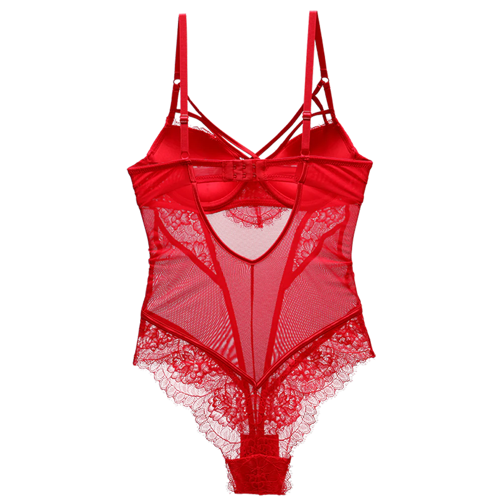 Bodysuit Women Push Up Red Strappy Cup Eyelash Lace Floral Pattern Padded Underwire Lingerie Women Shapewear High Quality - Image 5