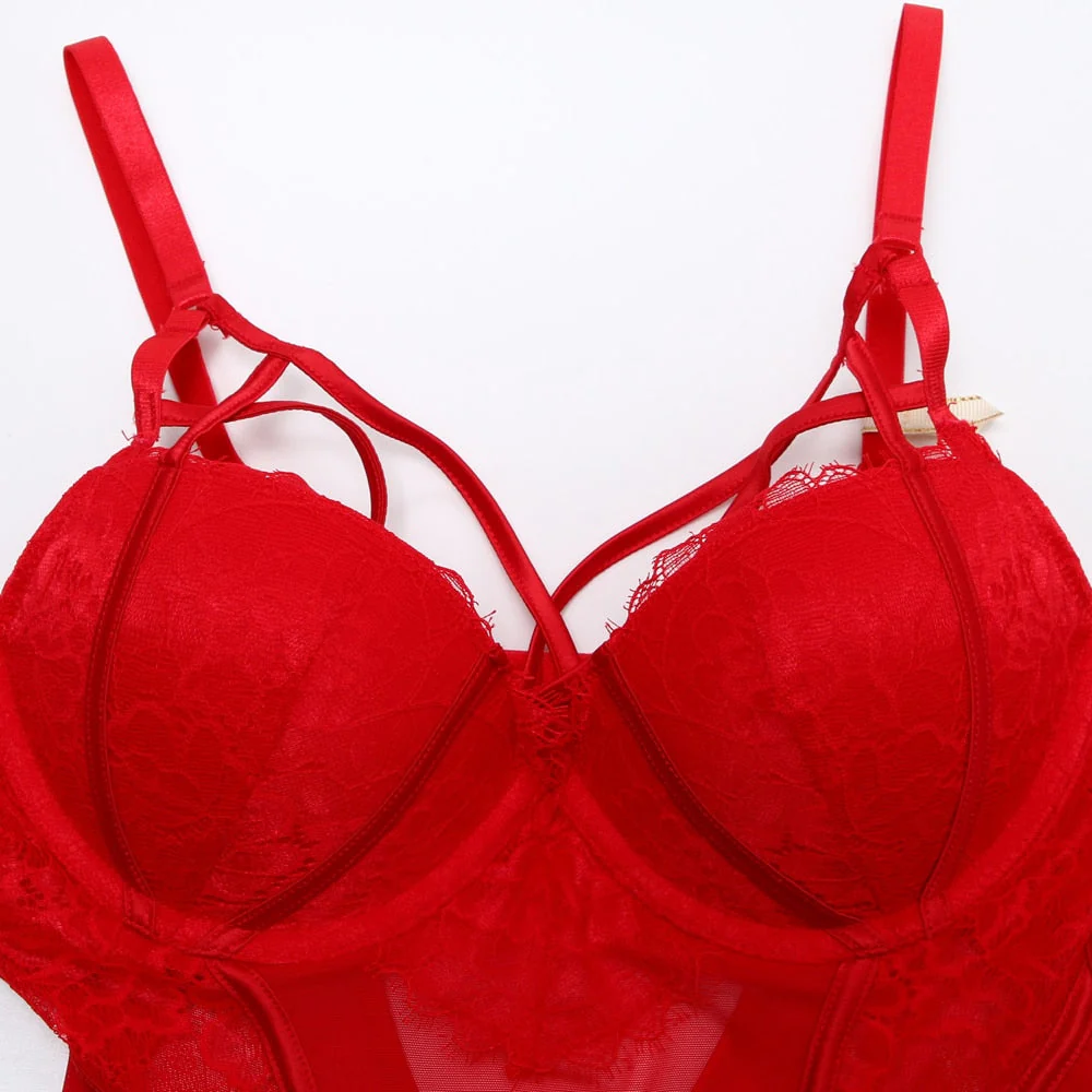 Bodysuit Women Push Up Red Strappy Cup Eyelash Lace Floral Pattern Padded Underwire Lingerie Women Shapewear High Quality - Image 6