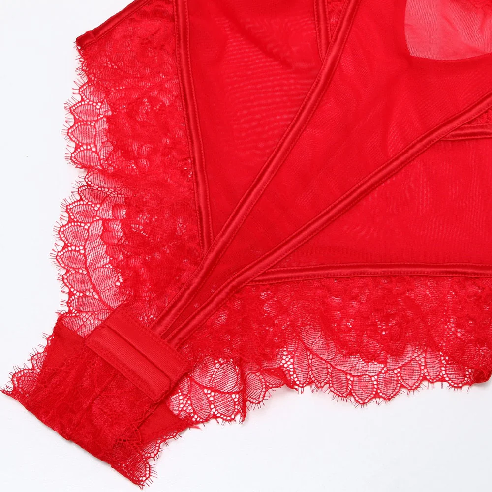 Bodysuit Women Push Up Red Strappy Cup Eyelash Lace Floral Pattern Padded Underwire Lingerie Women Shapewear High Quality - Image 7